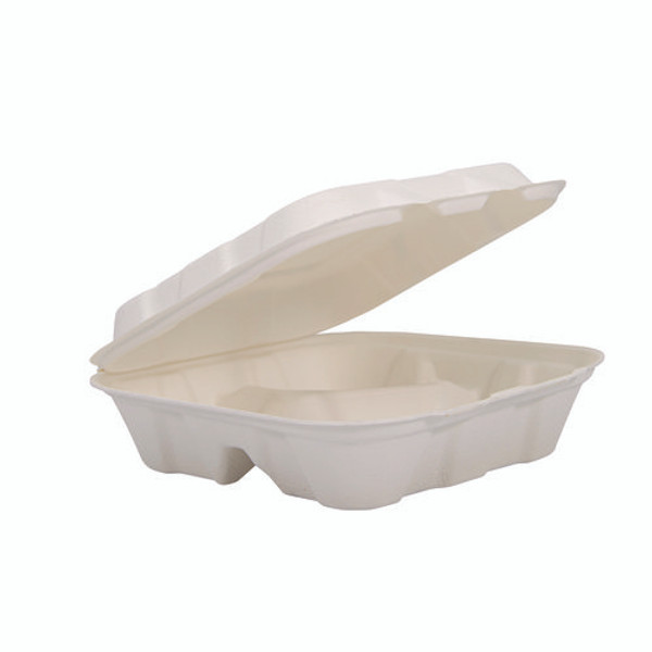 Compostable Fiber Hinged Trays, Proplanet Seal, 3-compartment, 8.03 X 8.4 X 1.93, Ivory, Molded Fiber, 200/carton