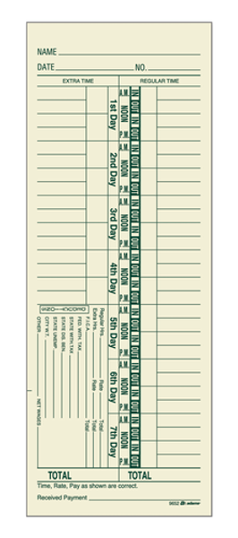 ABF9652200 Time Card, Weekly, 1-sided, Numbered Days, 200 CD/PK