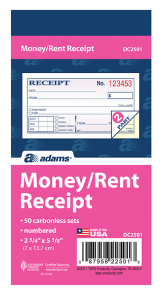 ABFDC2501 Money/Rent Receipt, 2-Part, Carbonless, 50/ST