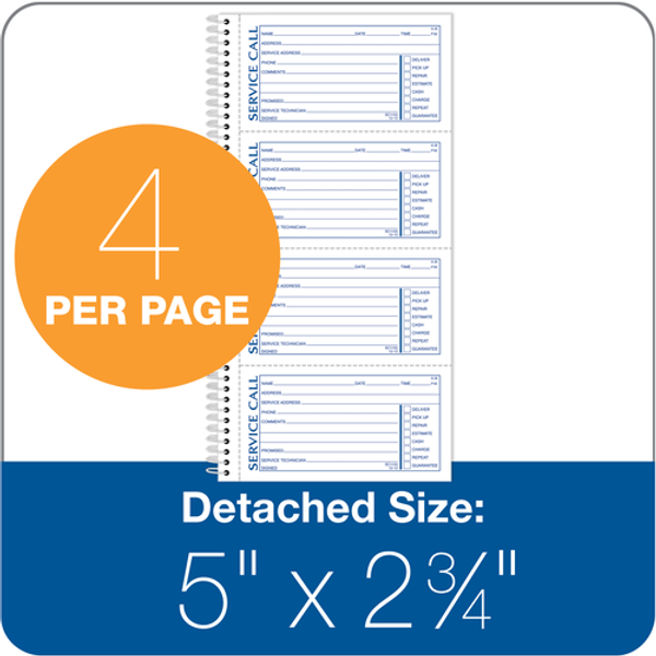 ABFSC1155 Service Call Book, spiral, 2-Part, Carbonless, 4/PG, 200 ST/BK