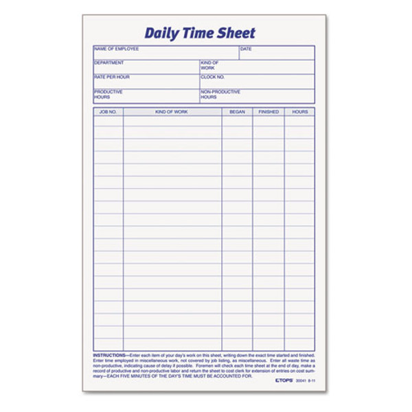 TOP30041 Time Sheet, Daily, White, 100 SH/PD, 2 PD/PK