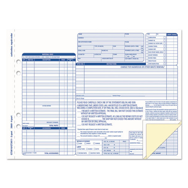 TOP3869 Garage Repair Order Unit Set, 4-Part Carbonless, 50 ST/PK