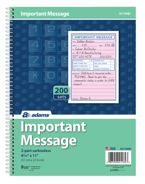 ABFSC1184D Phone Message Book, Spiral, 2-Part, Carbonless, 4/PG, 200 ST/BK