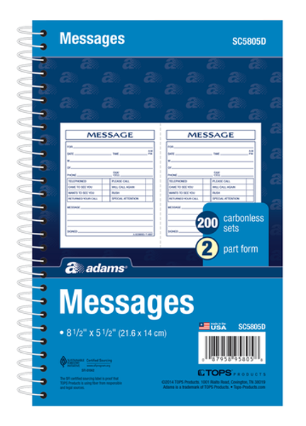 ABFSC5805D Phone Message Book, Spiral, 2-Part, Carbonless, 2/PG, 200 ST/BK