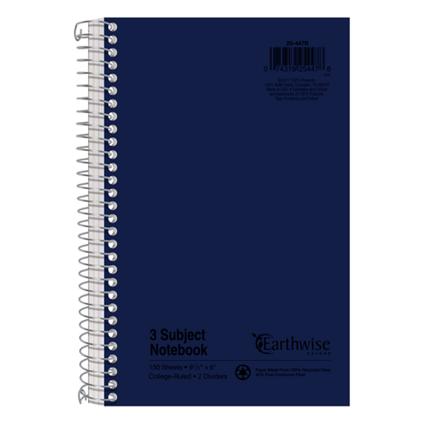 TOP25447R Earthwise® by Oxford® Recycled 3-Subject Notebook, 6" x 9-1/2", College Rule, 150 Sheets