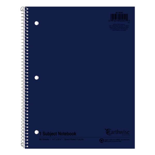 TOP25451R Earthwise® by Oxford® Recycled 1-Subject Notebook, 8-1/2" x 11", Graph Rule, 3-Hole Punched, 80 Sheets