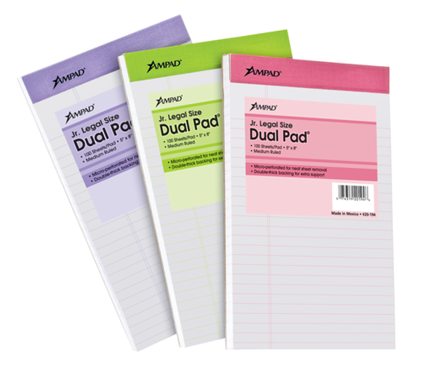 TOP20196 Ampad Double Sheet Writing Pad, 5" x 8", Medium Ruled, Assorted Colors, 100 SH/PD, 3 PD/PK