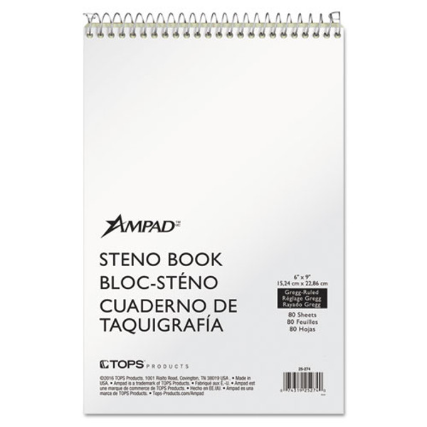 TOP25274 Ampad® Steno Books, 6" x 9", Gregg Rule, White Cover, Green Tint Paper, 80 Sheets, 12 Pack