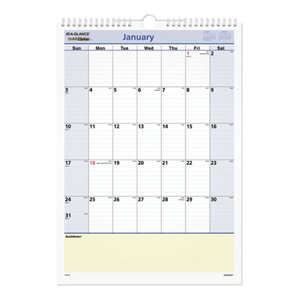 Quicknotes Wall Calendar, 12 X 17, White/blue/yellow Sheets, 12-month (jan To Dec): 2024