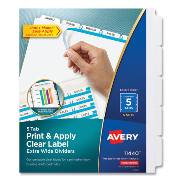 Print And Apply Index Maker Clear Label Dividers, Extra Wide Tab, 5-tab, White Tabs, 11.25 X 9.25, White, 5 Sets