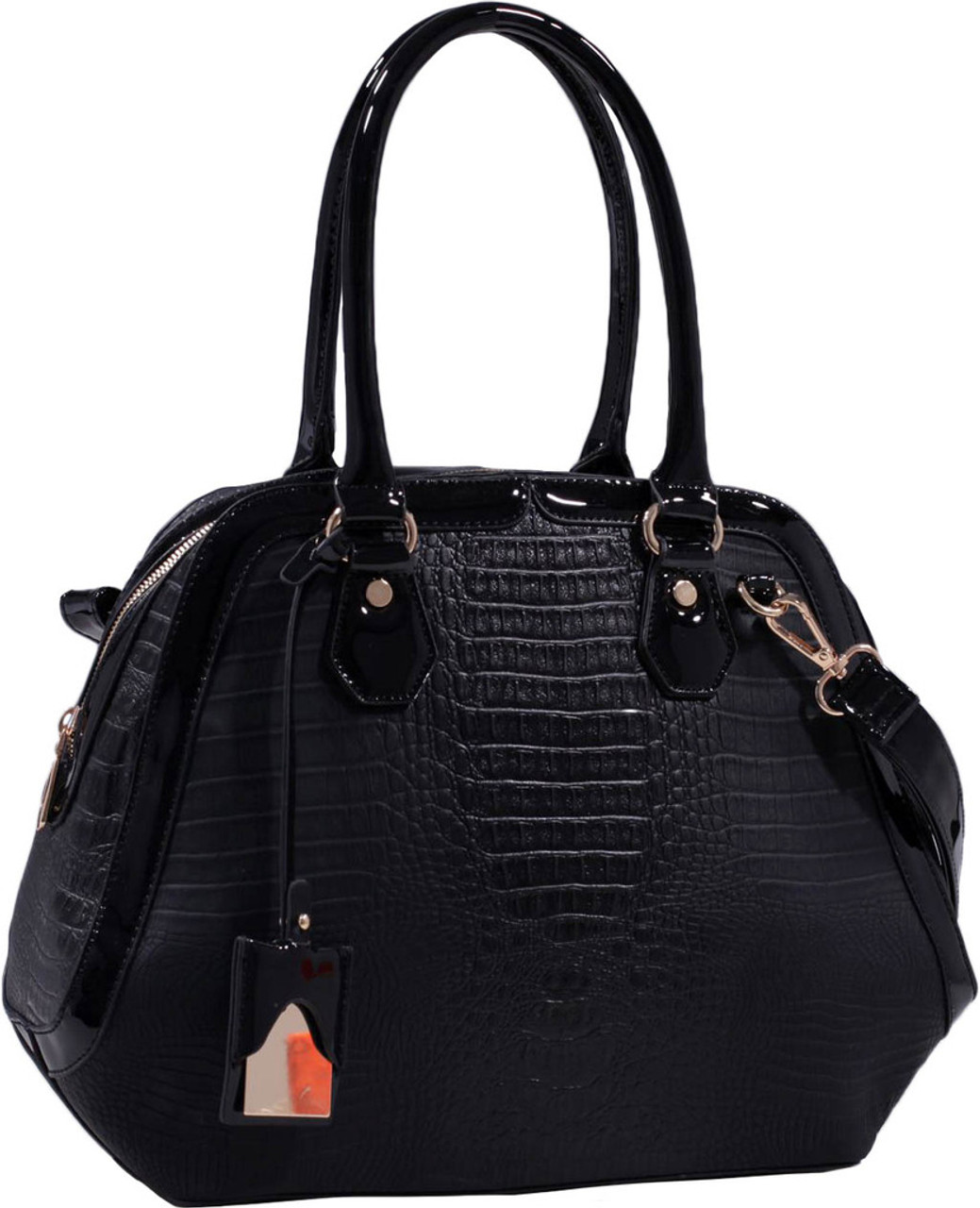 Leather bowling bag in crocoleather, Black with long shoulderbelt.