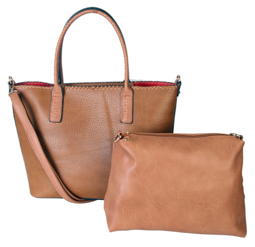 Matha 2 for 1 HandBag Set Soft Faux Leather Brown Tote with Matching Leather Cosmetic Bag