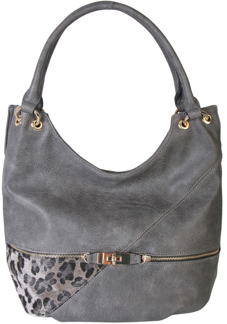 Gray Faux Leather Patch of Leopard Print Shoulder Bag  Hobo Purse Handbag