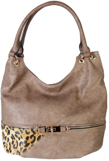 Khaki Faux Leather Patch of Leopard Print Shoulder Bag  Hobo Purse Handbag