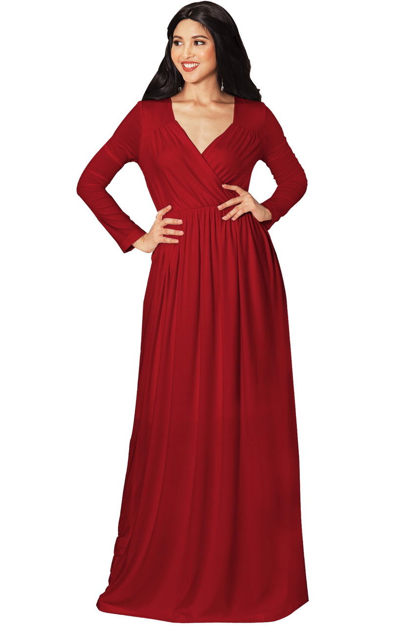 Long Sleeve Dressy V Neck Semi Formal Evening Maxi Dress Gown