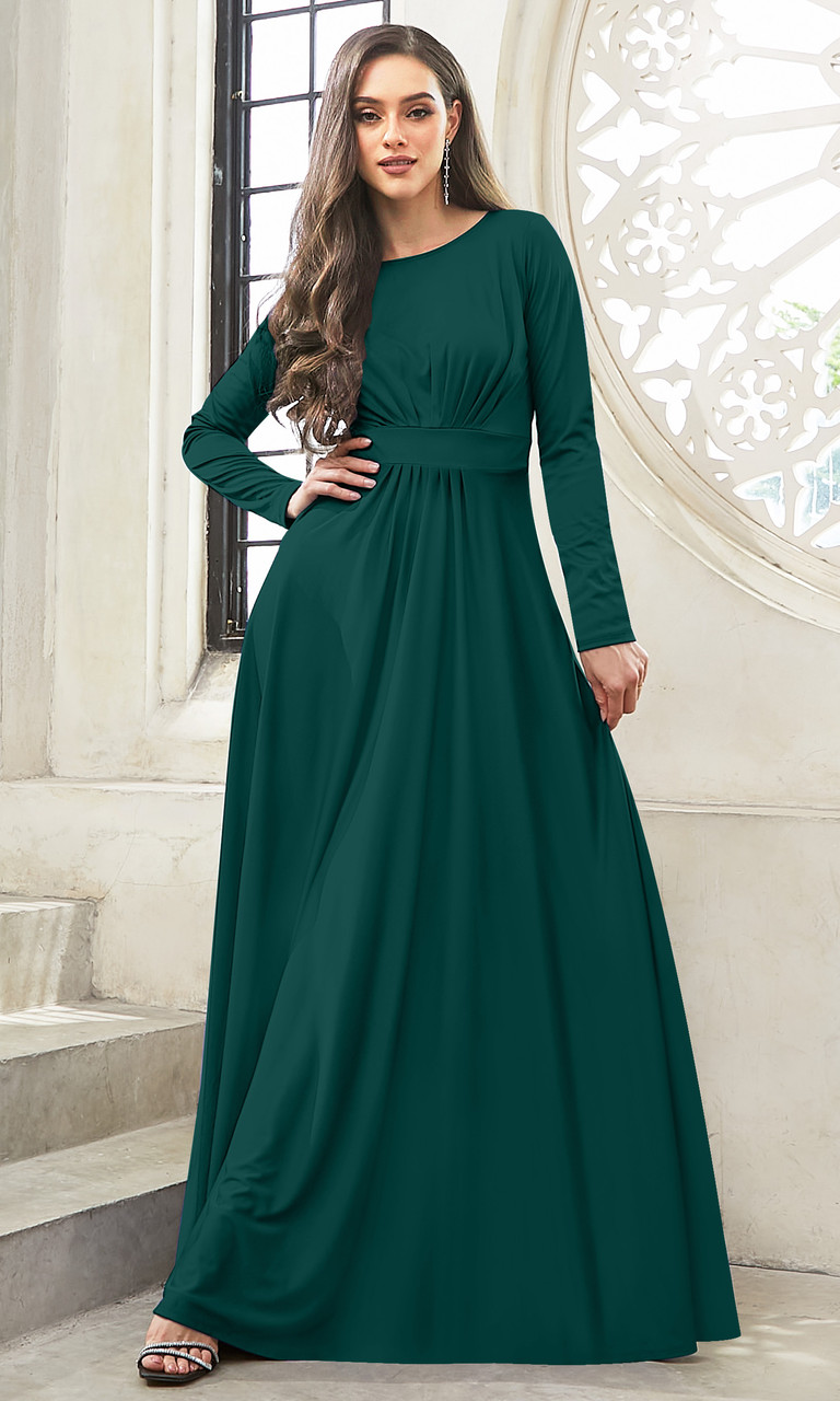 Long Sleeve Flowy Modest Empire Waist Maxi Dress Gown Abaya - NT009 - KOH  KOH® Women's Clothing