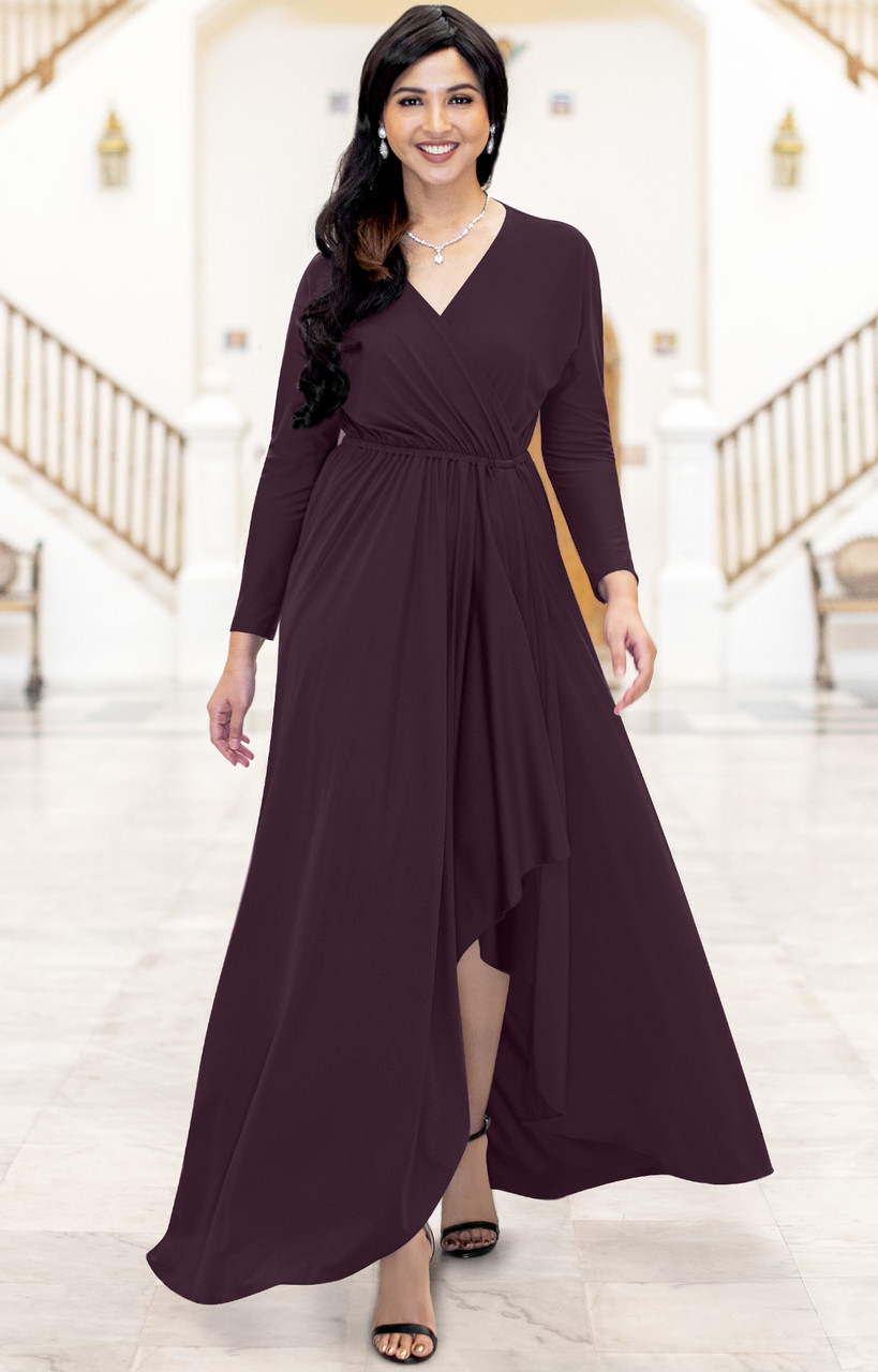 KOH KOH Long Sleeve V-Neck Wrap Slit Maxi Dress - NT060 - KOH KOH