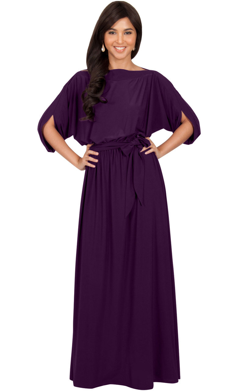 Casual Long Flowy Short 3/4 Sleeve Modest Maxi Dress Gown - NT167 - KOH ...