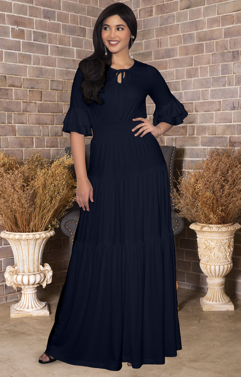 Long 1/2 Sleeve Flowy Casual Modest Peasant Maxi Dress Gown - NT295 - KOH  KOH® Women's Clothing