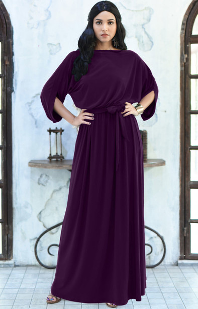 Casual Long Flowy Short 3/4 Sleeve Modest Maxi Dress Gown - NT167
