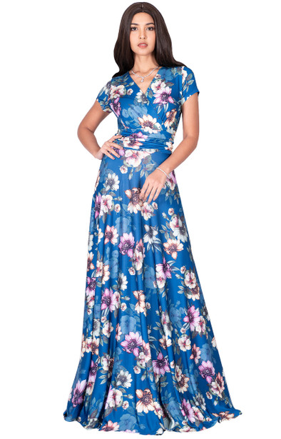 KOH KOH Long Floral Printed Short Sleeve V-Neck Maxi Dress Gown - NT074_B033