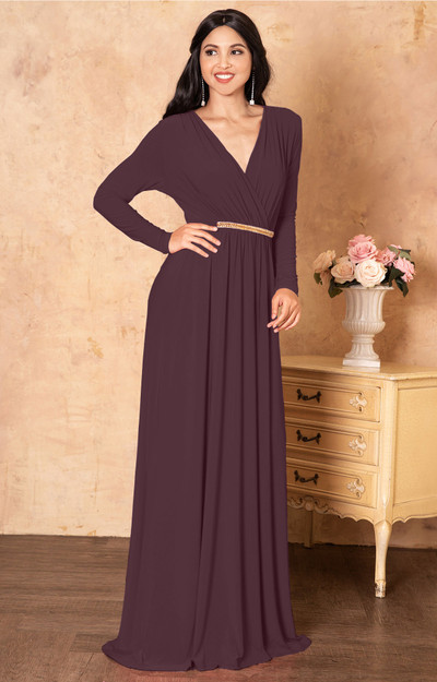 Long Sleeve Empire Waist V-Neck Caftan Fall Maxi Dress Gown - NT120