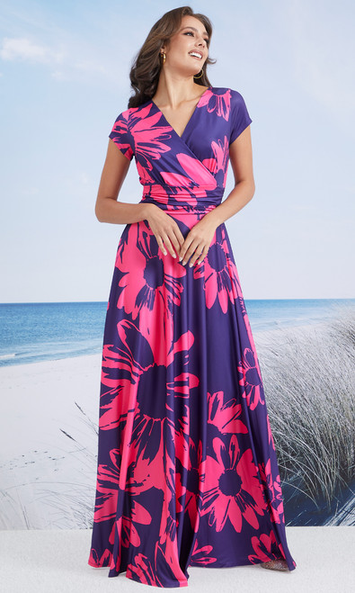 Long Modest Print Short Cap Sleeve Summer Maxi Dress Gown - NT074_B006