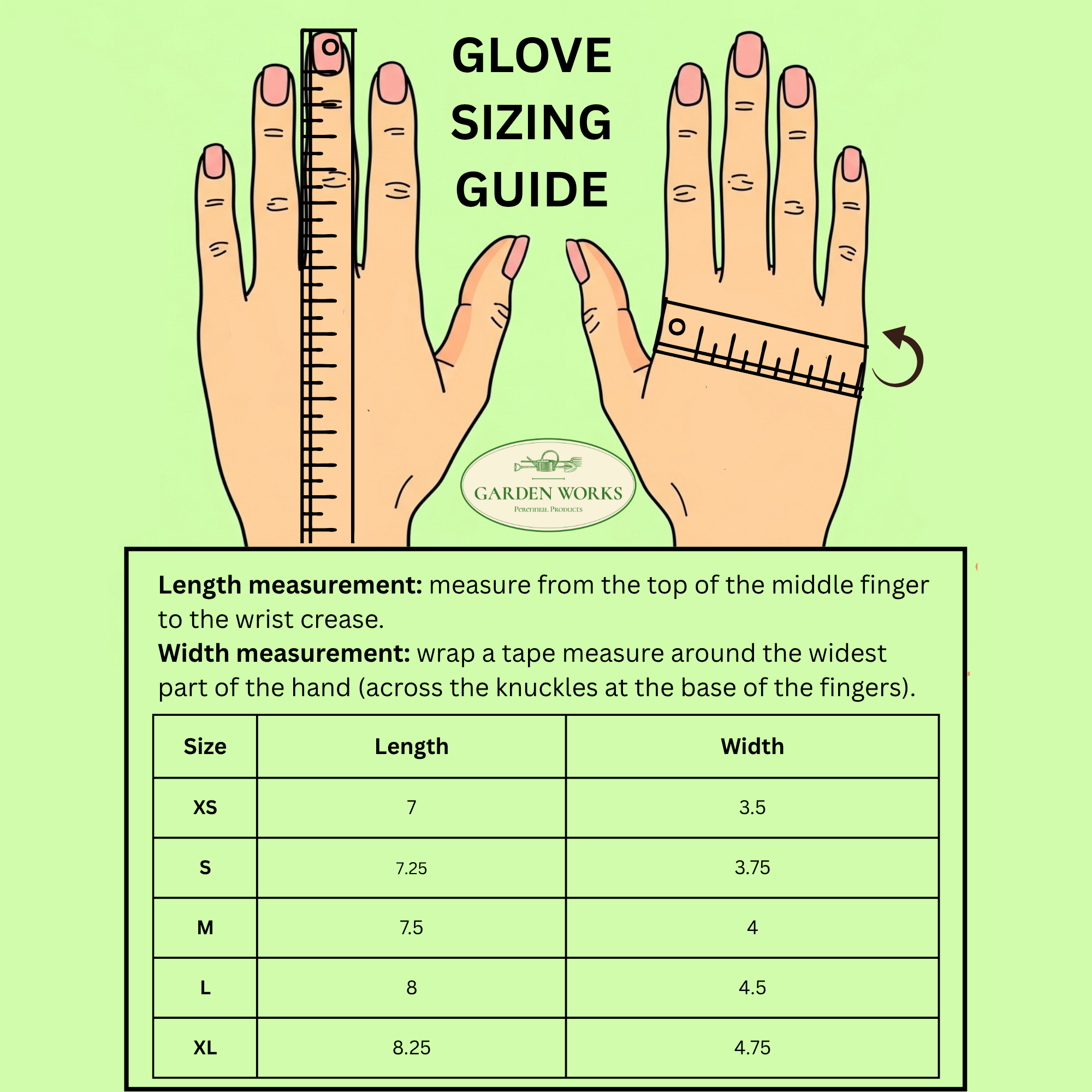 Garden Works Glove Sizing Guide