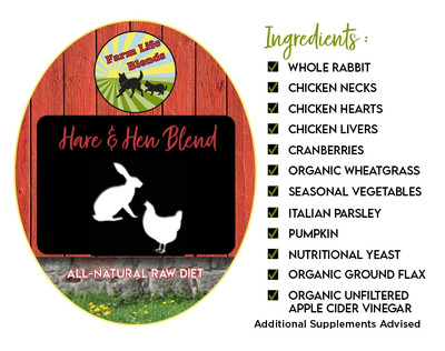 USDA Inspected Whole Rabbit, Chicken Necks, Chicken Hearts, Chicken Livers, Wheat Grass, Kale, Italian Parsley, Cranberries, Pumpkin, Nutritional Yeast, Organic Unfiltered Apple Cider Vinegar.