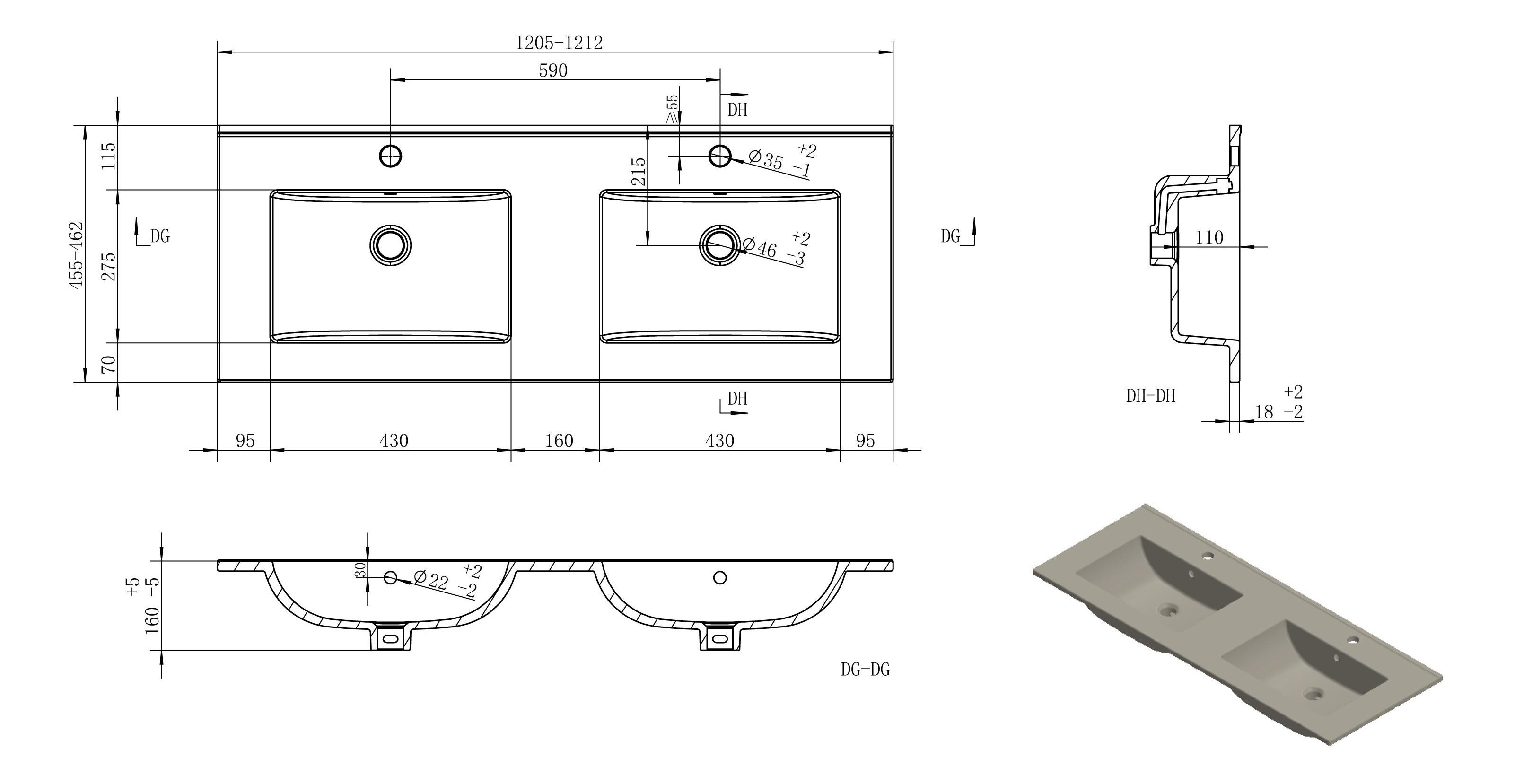 1210mm Wall Hung 4 Drawer Basin Unit & Thin Edge Basin - 1210-2TH-Basin_LD.jpg