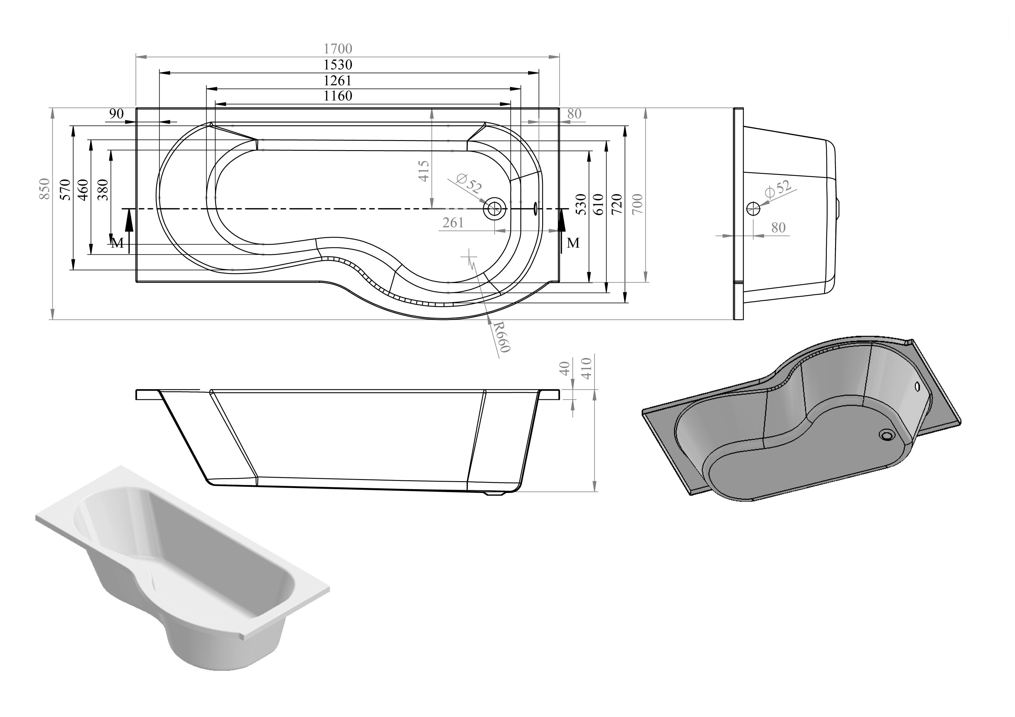 P Shape SUPERCAST 1700x850x560mm 0TH Shower Bath Pack - Ora-P-Shape-1700x700-850-RH_DLD.jpg