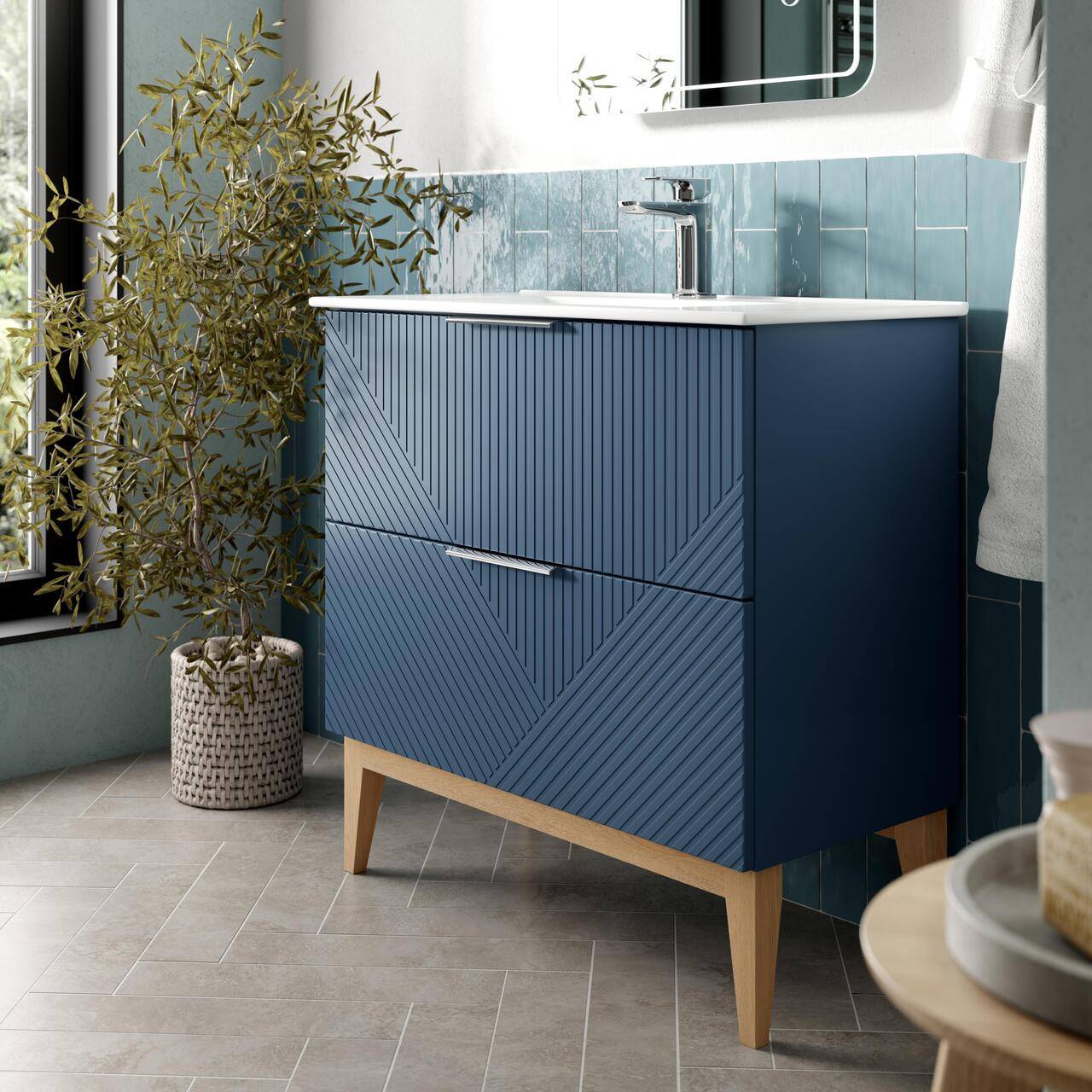 610mm Floor Standing 2 Drawer Basin Unit & Maple Oak Effect Worktop - Ligne-SmokeBlue_CAM.jpg