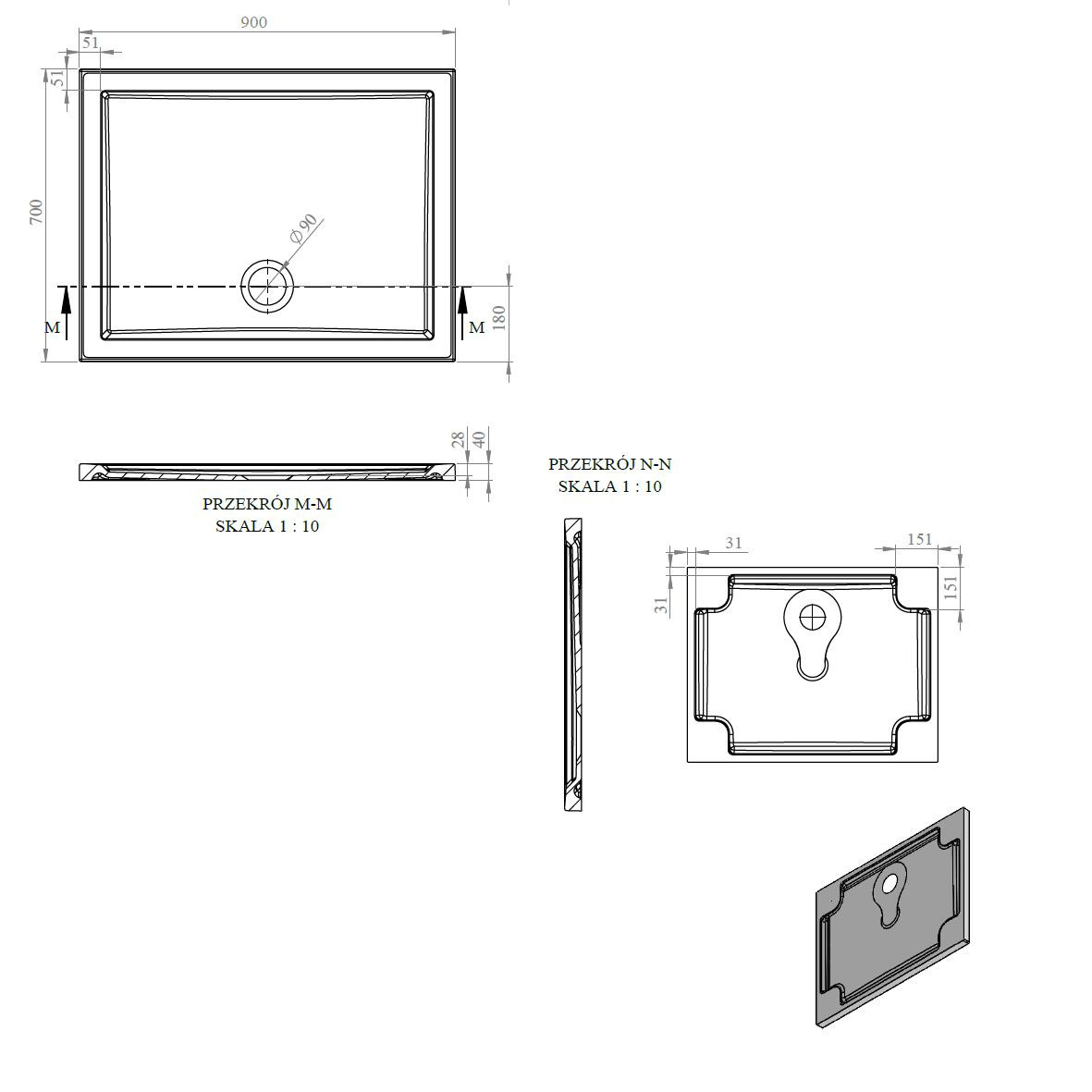 40mm Low Profile Rectangular Tray & Waste - White - DIETP9044_LD.jpg