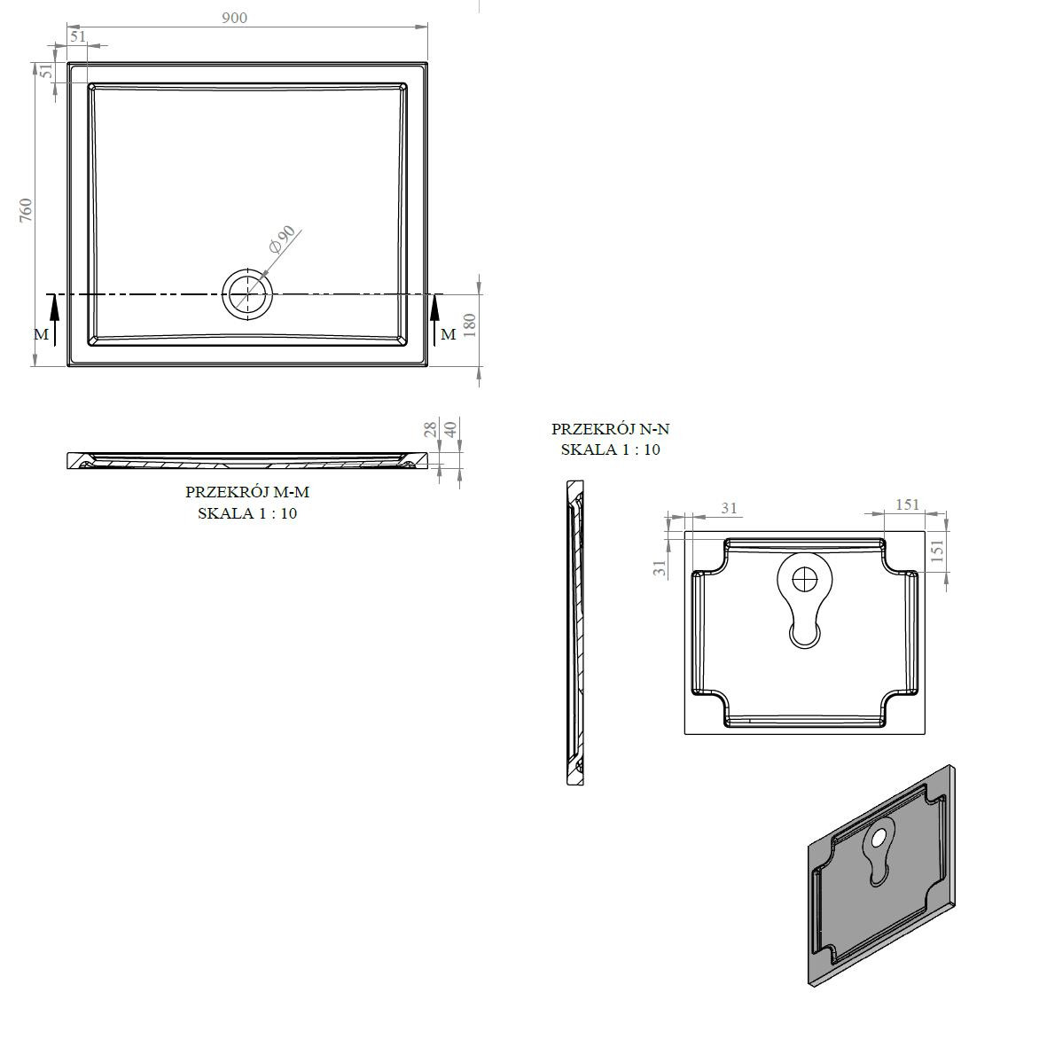 40mm Low Profile Rectangular Tray & Waste - White - DIETP9046_LD.jpg