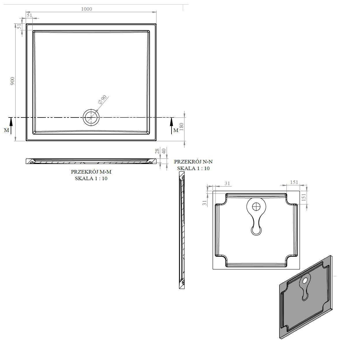 40mm Low Profile Rectangular Tray & Waste - White - DIETP1072_LD.jpg