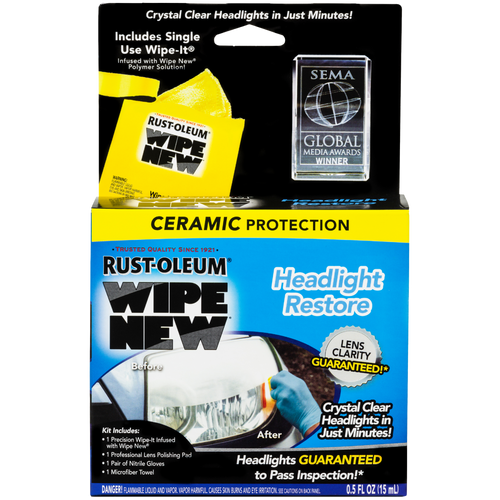 Front of Wipe New Headlight Restore Kit packaging with before and after lens image, single-use Wipe-It cloth, and guaranteed inspection-ready results