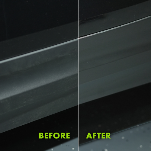 Before and after comparison of plastic trim treated with Wipe New Trim Restore showing faded vs. renewed finish