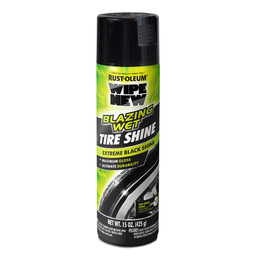 Front of Wipe New Blazing Wet Tire Shine can with bold branding and claims of extreme black shine and ultimate durability