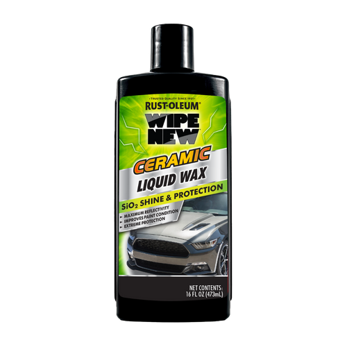 Front label of Wipe New Ceramic Liquid Wax bottle highlighting SiO₂-based shine, paint protection, and extreme gloss for car exteriors.