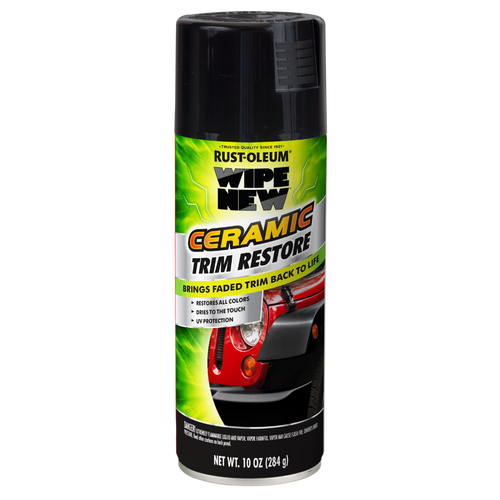 Front of Wipe New Ceramic Trim Restore can featuring promises of color restoration, UV protection, and long-lasting shine