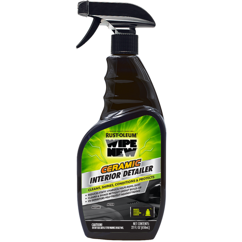 Front of Wipe New Ceramic Interior Detailer bottle emphasizing dust repellency, UV protection, and interior surface conditioning