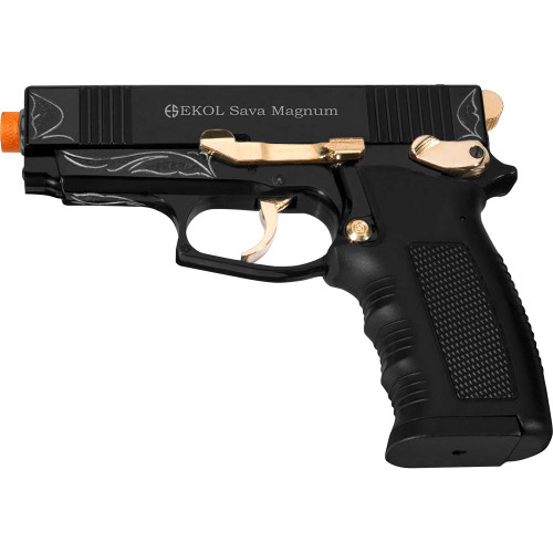 Sava Magnum 9mm Front Firing Blank Gun Semi Automatic - Black/Gold Engraved Main Image