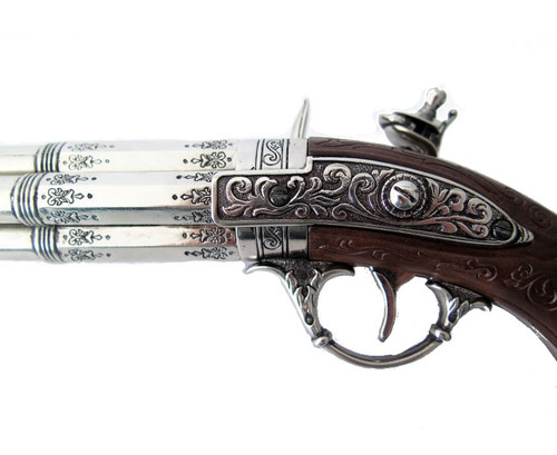 French 18th Century 4 Barrel Flintlock Pistol with Antique Gray Finish-Wood Alt Image 4
