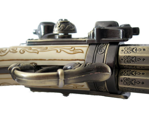 French 18th Century 3 Barrel Flintlock Pistol with Brass Finish Alt Image 5