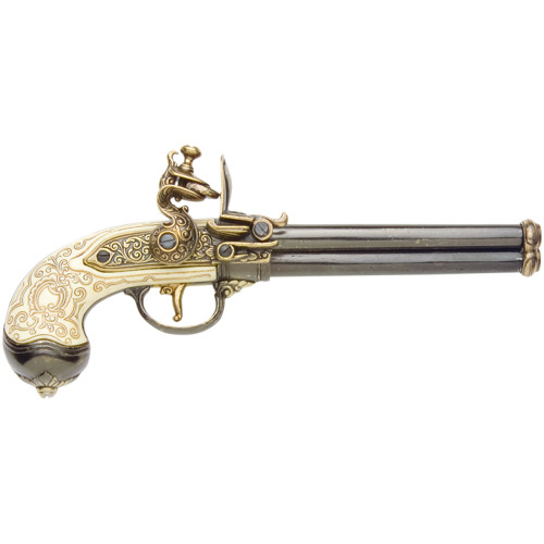 Italian Triple Barrel Flintlock Pistol Replica - Gold Main Image