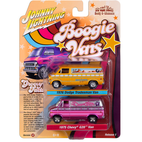 1976 Dodge Tradesman Van & 1975 Chevy G20 Van Boogie Vans - Yellow+Pink 1:64 Scale Alt Image 3