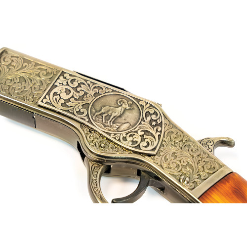 Model 1873 Lever Action Rifle Replica: Ornate Antique Silver Alt Image 3