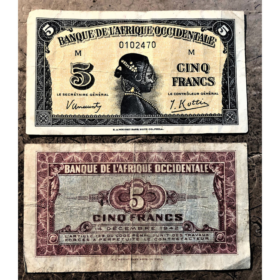 1942 American-Made West Africa 5 Francs Note Main Image