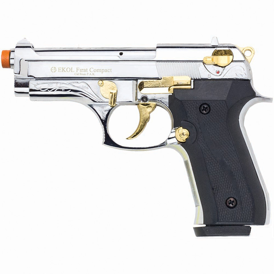 Firat Compact 92 Front Firing Blank Gun 9mm Semi Automatic - Chrome/Gold Engraved Main Image