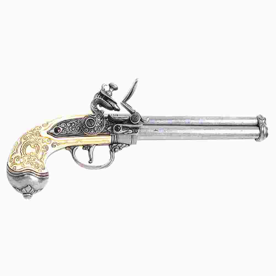 Italian Triple Barrel Flintlock Pistol Replica - Antique Gray Main Image
